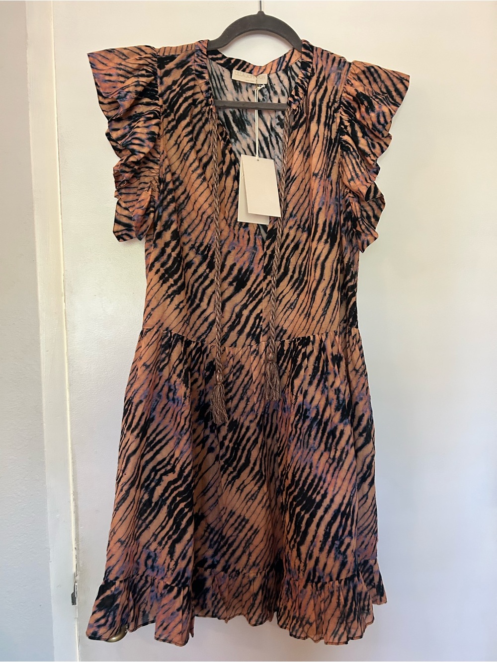 Ulla Johnson Ruffled V-Neck Zebra Print Mini Dress Lina Cover-up  - Pink & Black